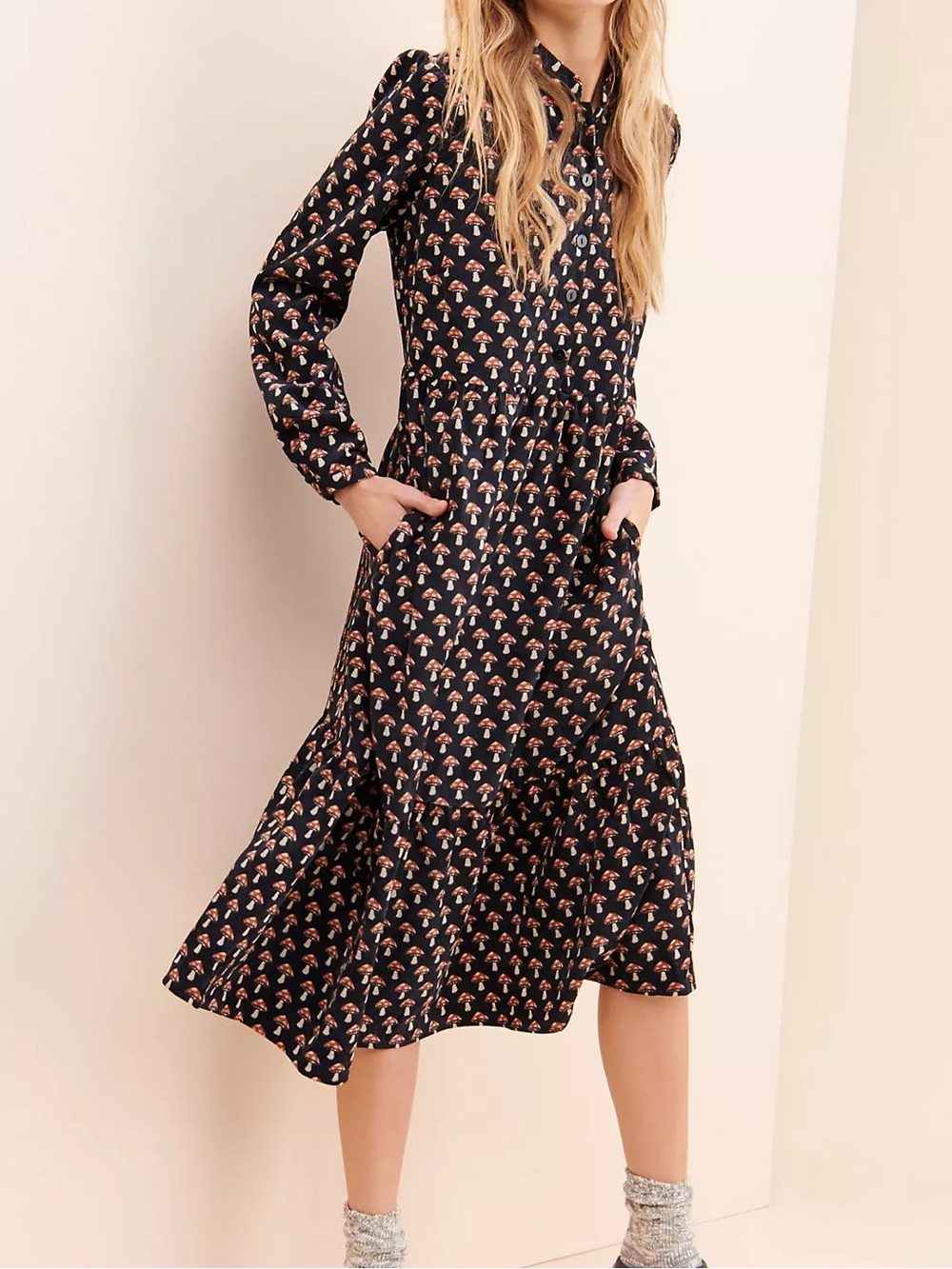 Louche Macha Mushroom Midi Dress Charcoal Grey Cottagecore Size 6